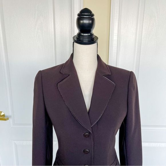 Tabari Size 2P Brown Leather Trim Three Button Suit Jacket with Front Pockets - Picture 3 of 13